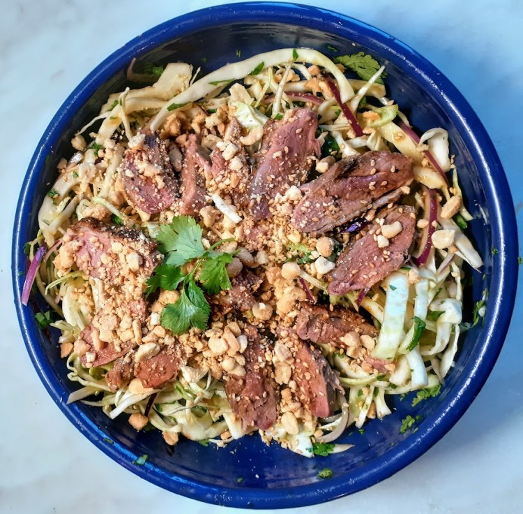 Miles’s Asian-style warm cabbage salad with honey-glazed duck&nbsp;breasts
