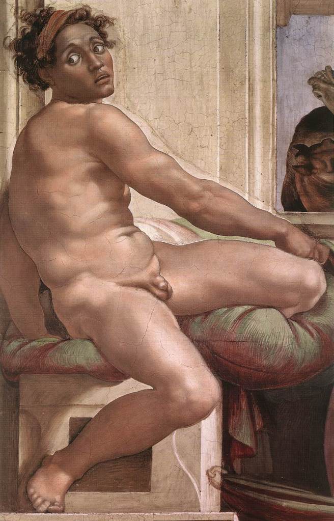 Michelangelo's Ignudo, ceiling of the Sistine Chapel, the Vatican, Rome